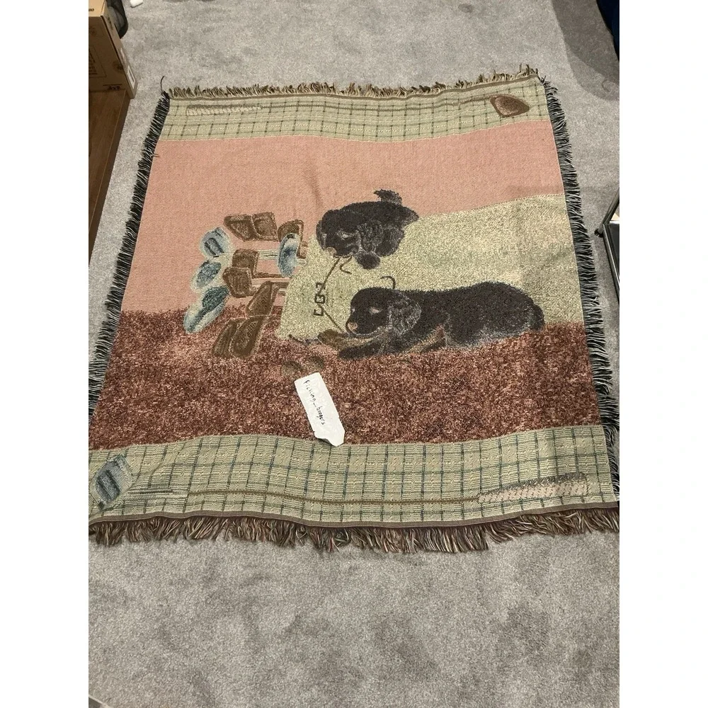 Two Puppy Golden Retriever and golf themed tapestry throw blanket